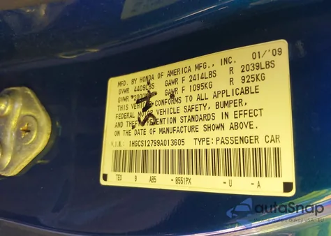 2009 Honda Accord 2.4 Ex из США, поврежденный, VIN 1HGCS12799A013605